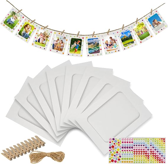LEFIMOT 50 Pack Paper Picture Frames 4x6in, DIY Cardboard Photo Frames Hanging Display with 50 Clips and 5 Strings, Paper Photo Frame Art Display Frame with 12 Stickers for Wall Decor (White)