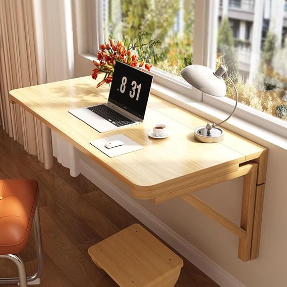 Wall Mounted Table Folding Floating Desk Solid Wood Drop-Leaf Laptop Desk Hanging Table for Study Work with Brackets