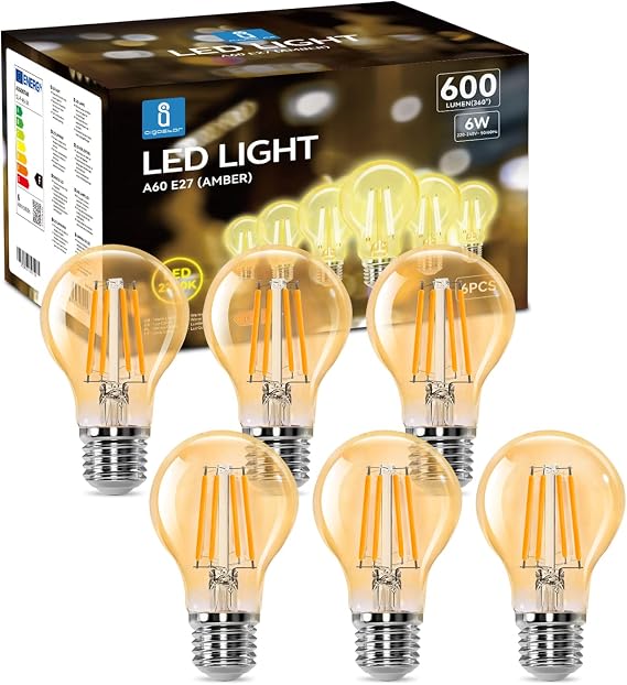 Aigostar - E27 Edison LED Bulb, 6W Equivalent to 48W, Warm White 2200K, 600 Lumens, Decorative Vintage LED Filament Bulb, A60 Filament Bulb, Non-Dimmable, Amber Glass, Pack 6 [Energy Class F]