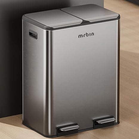 MRBIN Dual Kitchen Bin (2 x 30L), Combo Trash Can Recycling Bin Stainless Steel, 60L / 16gal Large Kitchen Garbage Pail with Lid, Tall Large Garbage Can Step Rectangle Double Wastebasket