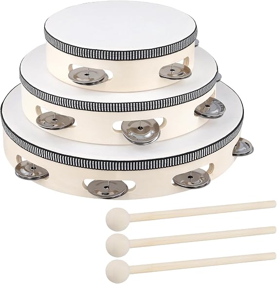 3 Pack 6 Inch 8 Inch 10 Inch Wooden Tambourine, Wood Frame Hand Held Tambourine with 3 Drum Sticks for Rhythm Learning, Music Performances, Parties
