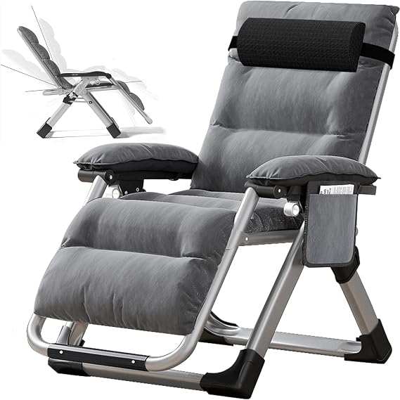 Garden Recliner Chairs 200kg Support Sunlounger Folding Sun Lounger Adjustable Angle Zero Gravity Chairs with Mattress headrests and Side Pocket Foldable Indoor Outdoor (Light Grey)