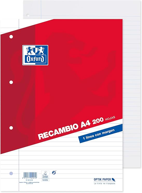 Oxford, A4 Lined Sheets, Perforated, 200 Sheets, Refill Filing