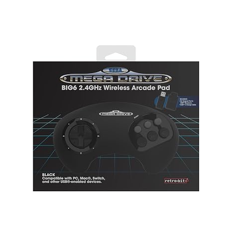 Retro-Bit BIG6 2.4 GHz SEGA Mega Drive Wireless Arcade Controller Pad for SEGA Mega Drive Original/Mini Switch PC & Mac - Black