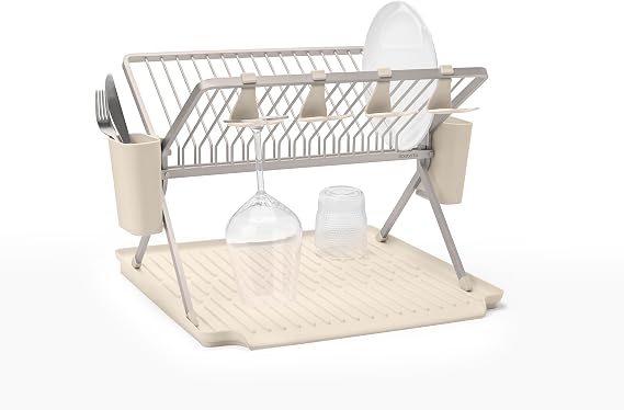 Brabantia SinkSide Large Foldable Dish Drying Rack (Soft Beige), Sleek Organiser with Removable Cutlery Basket, Versatile Sink Drainer for Dishes and Kitchen Accessories