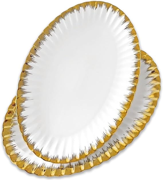 Serving Platters, Ceramic Oval Serving Platters,12 Inch Serving Dishes/Trays for Party Entertaining, Porcelain White Dinner Plates with Gold Trim for Sandwich, Appetizer, Fruit, Desserts, Set of 2
