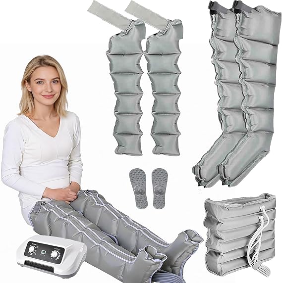 6 Chamber Compression Massager, Pneumatic Leg Wrap, Professional Home Device for Swelling Relief, 0-240mmHg Pressure Control, 30 Min Timer, Enhances Blood Circulation