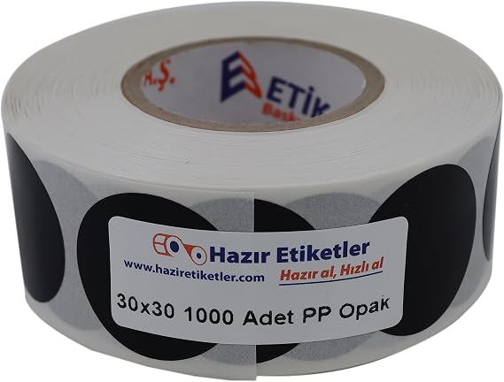 PP Opak Daire Çap Etiketi Rulo Etiket, 30mm x 30mm Çap 1000 Adet, Yuvarlak Siyah Zemin Baskılı Kontrol Etiketi