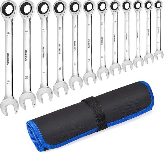 SORAKO Ratchet Spanner Sets, 12PCS Combination Wrenches, 72 Tooth Ratchet Gear 8-19 mm Metric Spanner Set, Fixed Head Combination Spanner Set in Roll Bag