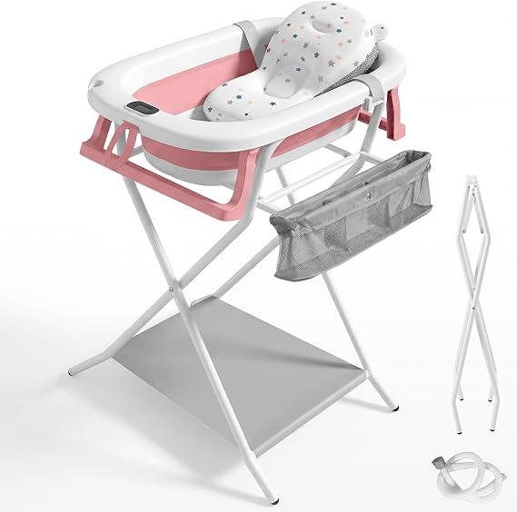 JUPPLIES Foldable Baby Bath Tub with Ergonomic Cushion, Digital Thermometer and Non-Slip Feet | Portable, Compact and Safe for Newborns (Pink, with Legs)