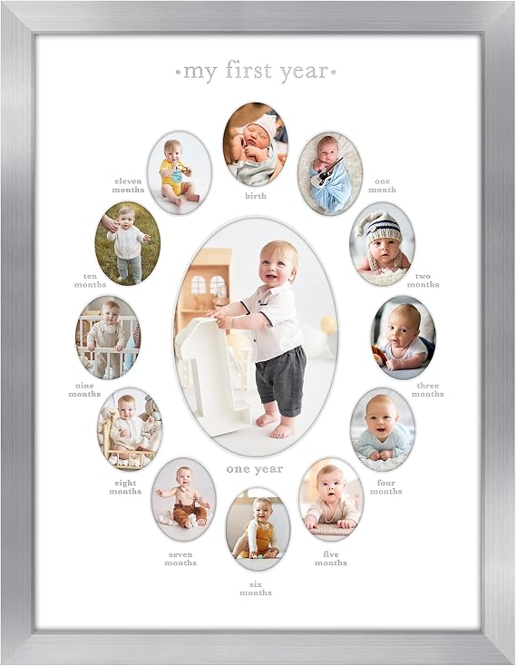Americanflat Kırılmaya Dayanıklı Camlı 12x16 Birinci Yıl Fotoğraf Çerçevesi - On İki 2x3 Fotoğraf ve Bir 5x7 Resme Uyar - Kreş Dekoru, Yeni Doğan Anne Hediyesi veya Bebek Partisi için Kolaj Çerçevesi