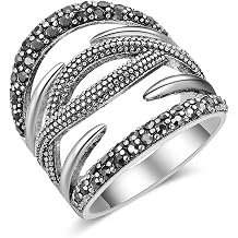 Mytys Crossover Statement Rings for Women,Silver Plated Marcasite Band Ring Vintage Chunky Wide Finger Rings Valentine's Day Jewelry Gift