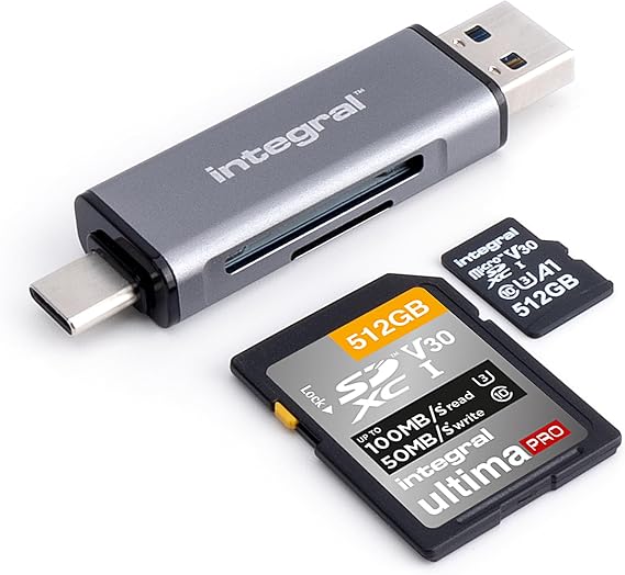 Integral microSD & SD Memory Card Reader Adapter - Dual Ended USB 3.0 & USB C - For iPhone 15/16 Plus/Pro/Pro Max, MacBook Pro/Air M1/M2/M3/M4, iPad, PC, laptop, smartphone