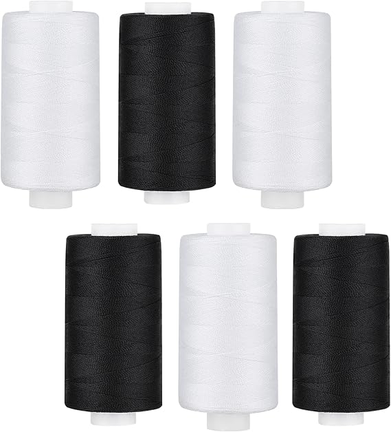 Simthread All Purpose Thread Polyester 3 White 3 Black, 400 Yards Each for Hand Sewing, Quilting Piecing Sewing Machines