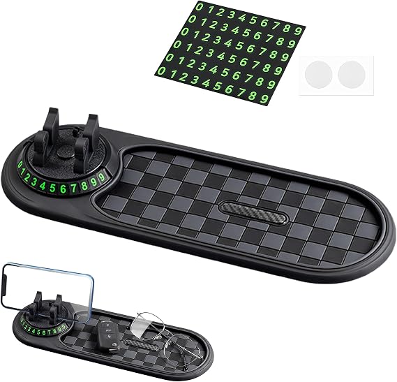 Multifunctional Car Anti Slip Mat, Rotatable Anti Skid Cars Dashboard Pad with Temporary Parking Number Car Anti Slip Mat Phone Holder Auto Universal Phone Holder