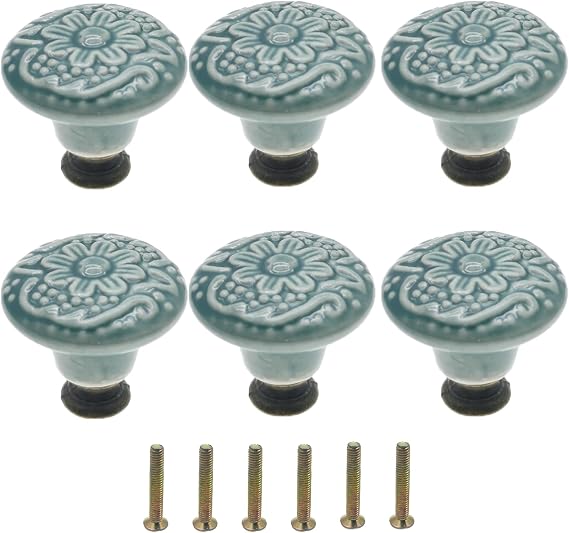 6Pcs Green Ceramic Knobs, Vintage Floral Cabinet & Cupboard Knobs