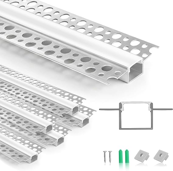 LightingWill 1M (3.3ft) 6 Pack Plaster-in LED Profile, Double Flange Aluminium Channel with Milky Diffuser, End Caps & Screws Included, Trimless Recessed LED Strip Channel for Ceiling Wall Drywall