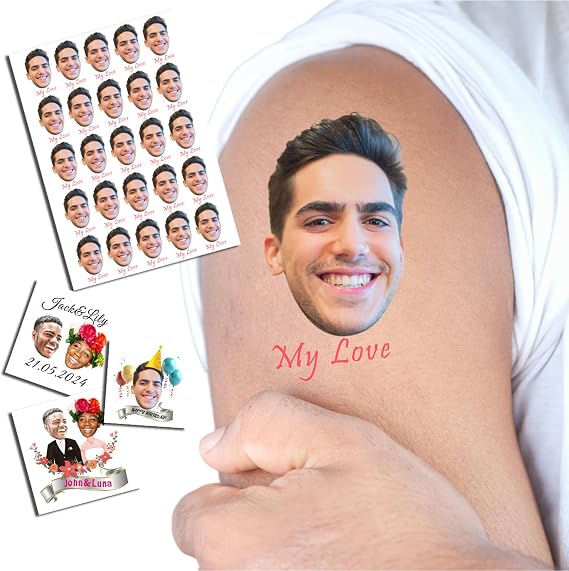 Custom Tattoos Temporary 1.2/1.6/1.9/2.4 Inches Personalized Temporary Tattoos Customized Name Logo Face Photo for Adults Wedding Birthday Valentine Xmas Party Fun Face Temporary Tattoos