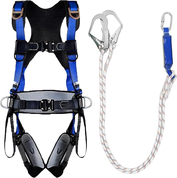 NewDoar Professional Fall Protection Climbing Harness, ANSI/OSHA Compliant 5-Point Adjustable Half Body Harness for Roofing Tree Climbing Breathable Lightweight with Alloy Double Hook Safety Lanyard