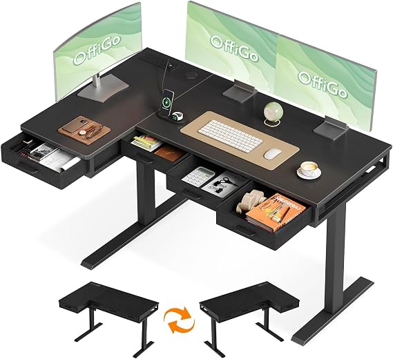 OffiGo L Shaped Electric Standing Desk with 4 Drawers, 140×80cm, Black