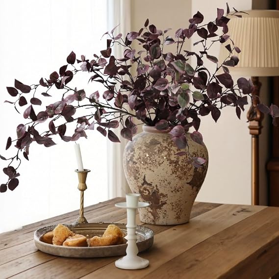 HyeFlora 5 Pieces Artificial Autumn Eucalyptus Leaves Plant Stems 32.7" Fake Leaves Autumn Greenery Branches Burgundy Shrubs Silk Faux Foliage