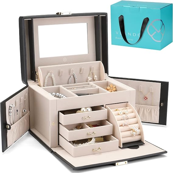 Jewelry Box Organizer for Girls Women, Large Baroque Jewelry Storage Box with Mirror, Drawers for Bracelets, Earrings, Rings, Necklaces, for Loved One