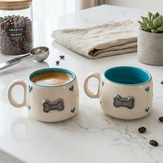 2'li El Yapımı Seramik Kupa Seti, Kedi Desenli Kalp Motifli Stoneware Mug, 200 ml, Kırmızı İçli Doğal Seramik, Çay Kahve Bardağı, Kedi Severlere Hediye (Turkuaz)