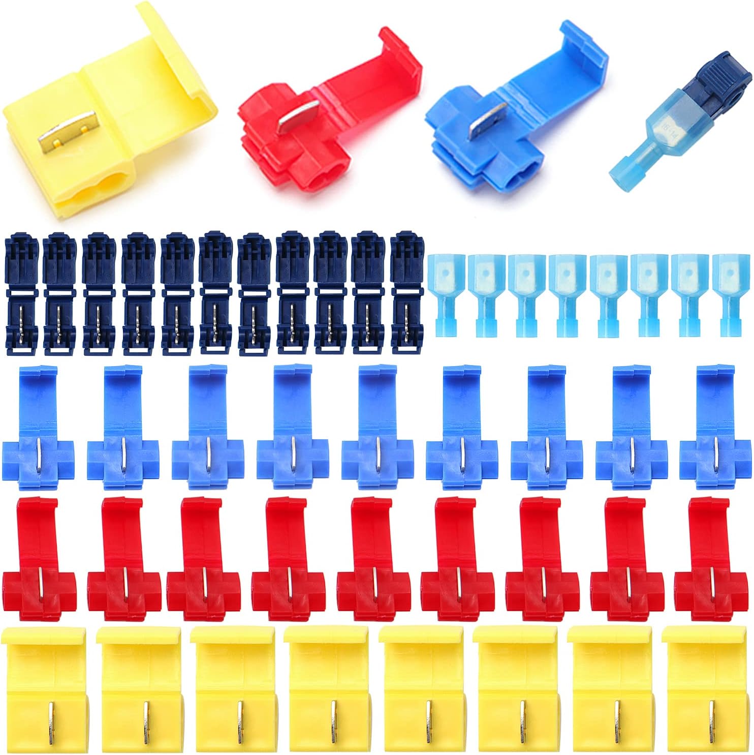 YIXISI 70 PCS Scotch Lock Quick Splice Electrical Wire Connectors, T-Tap Electrical Connectors, Branch Connectors, Insulated Self-Stripping Crimp Spade Connector Set Red, Blue, Yellow, Dark Blue