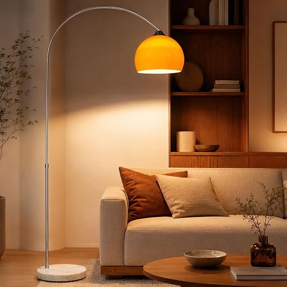 Orange Arc Floor Lamp with Natural Marble Base, Mid Century Modern [Energy Class A+++]