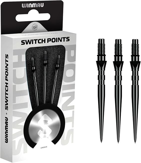 Winmau - スイッチポイント - カーボンスチールチップ - ねじ式ラピッドチェンジメカニズム - 1パック1セット - ブラック&シルバー - スムーズ、グルーヴ&ウェーブ - 26mm、30mm、40mm - プロフェッショナルダーツアクセサリー