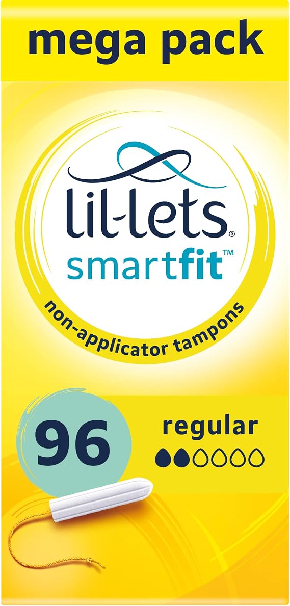 Lil-Lets Non-Applicator Regular Tampons X 96, (6 Packs of 16 Tampons), For Light to Medium Flow, 2 Droplets, Plant-Based, SmartFit Non-App Tampon