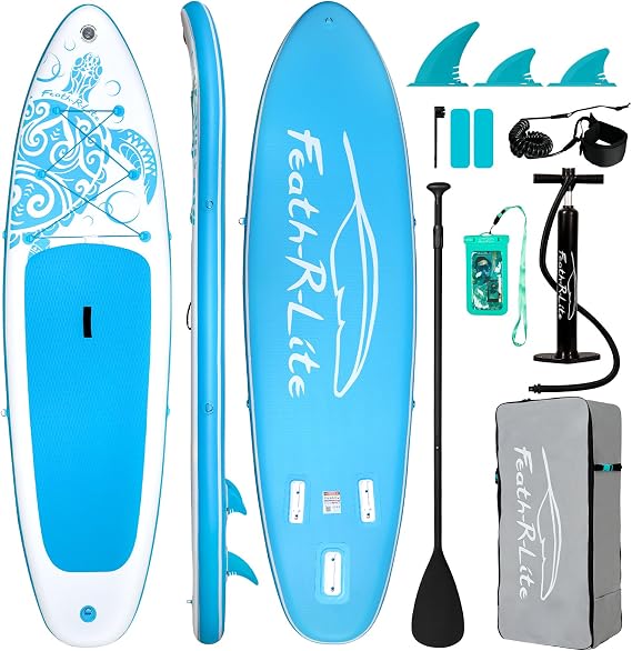 FEATH-R-LITE Inflatable Stand Up Paddle Board, Ultralight - SUP Accessories: Adjustable Paddle, Pump, Backpack, Leash, Fins - For All Skill Levels