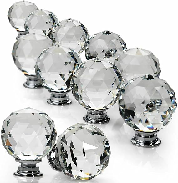Crystal Door Knobs Clear Glass with Chrome Finish, Vintage Style Decorative Interior Door Handle Set for Bedroom, Bathroom, Closet, Easy Installation, Universal Fit