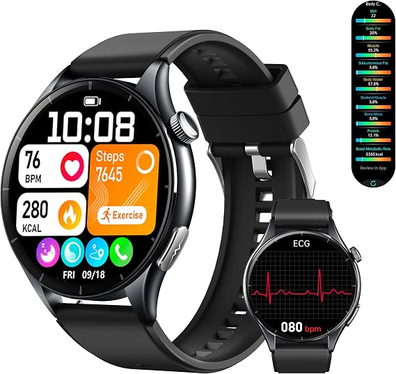 Smart Watch for Men Women with Real-Time Monitoring of Heart Rate Blood Pressure Sleep, 1.56” AMOLED Display, Answer/Make Calls, Always-On Display, Bright Flashlight