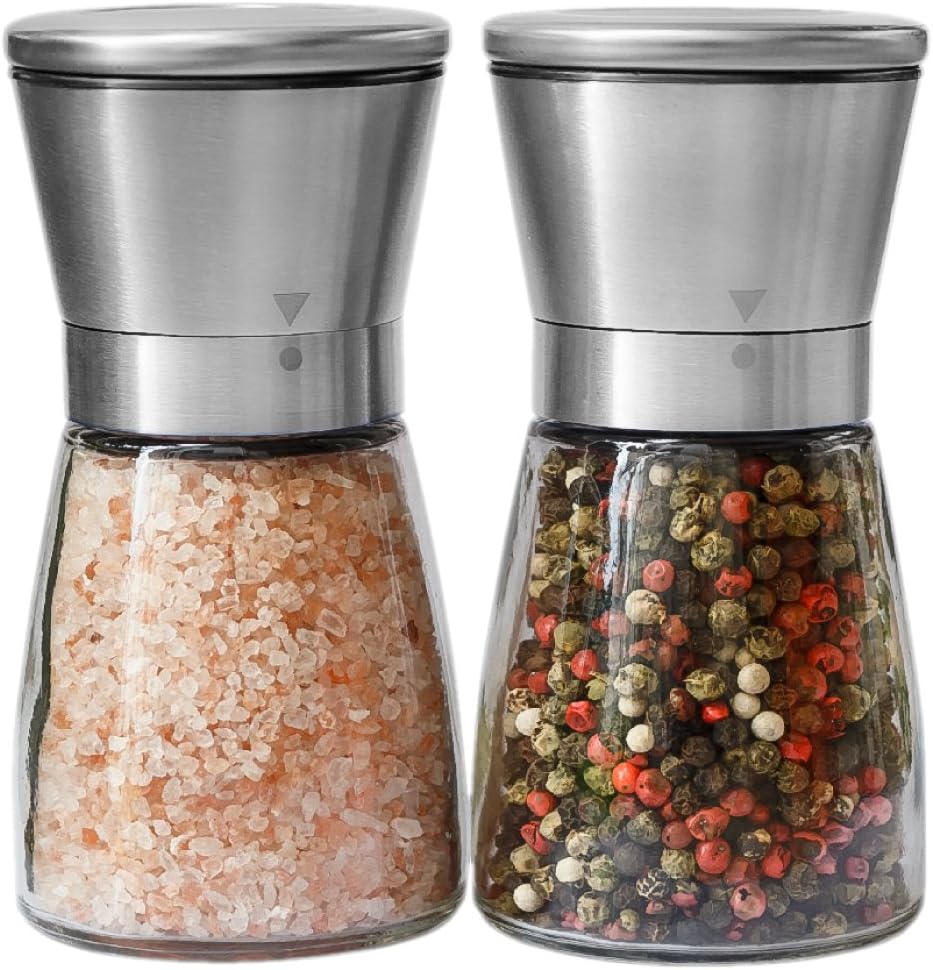Salt and Pepper Grinder Set for Professional Chef - Best Spice Mill with Brushed Stainless Steel, Special Mark, Ceramic Blades and Adjustable Coarseness