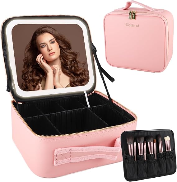 Travel Makeup Bag with Led Light Mirror Large Capacity, Pink | Cosmetic Organizer Vanity Travel Case for Make up with Adjustable Compartment