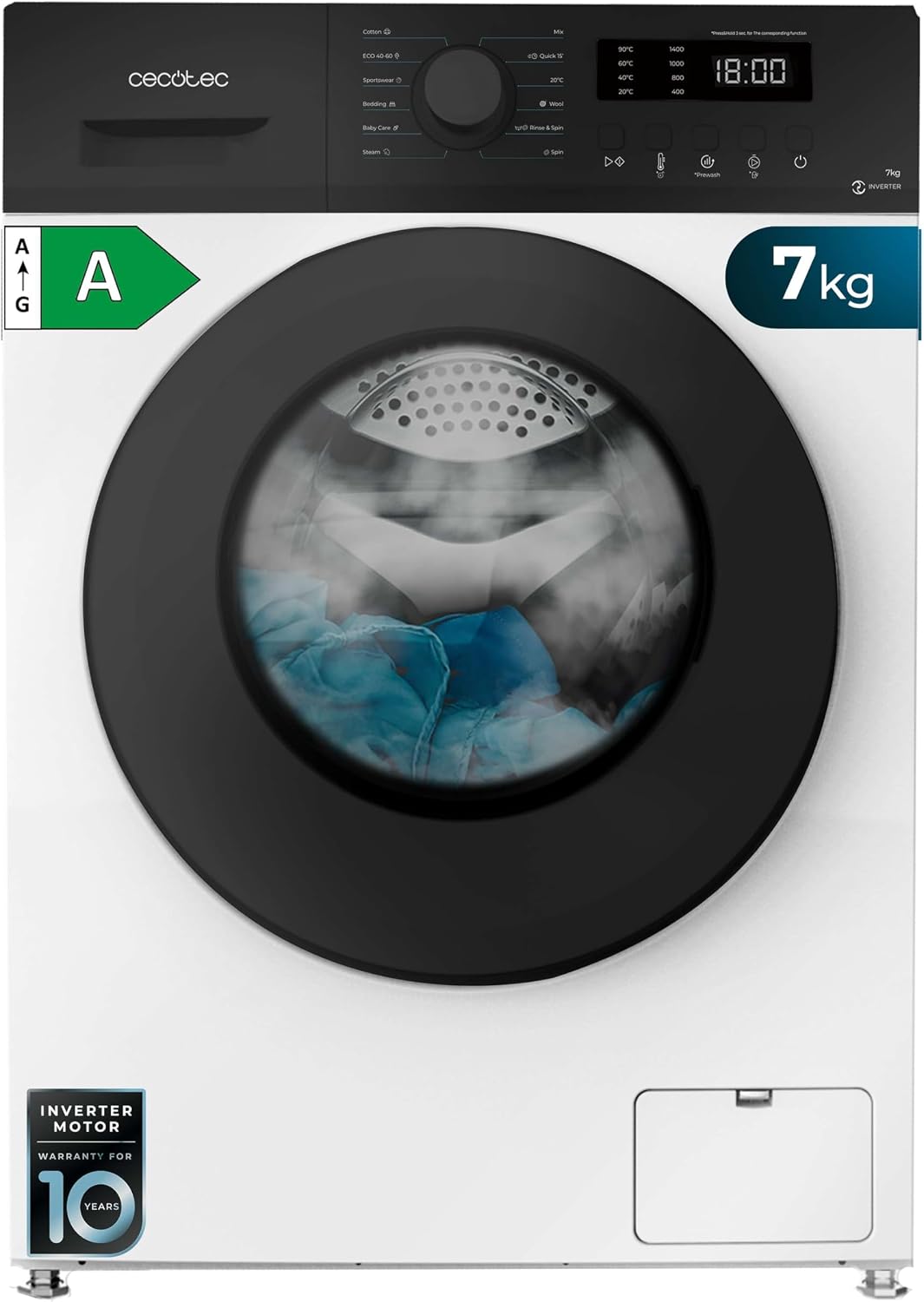 Cecotec Lavadora de 7 Kg Carga Frontal Bolero Dresscode 7150 Inverter A. 7 Kg, 1400 Rpm, 12 Programas, Clase A, Motor Inverter Plus, Steammax, Drum Clean, Delay Start y Child Lock. [Clase de eficiencia energética A]