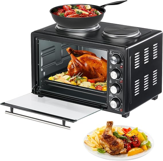 Mini Oven Hob Cooker Grill with Electric Double Hotplate, Tabletop Design, 28L Capacity, Black Finish for Efficient Cooking and Meal Preparation