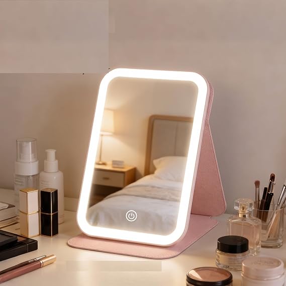 DUFFA LED Işıklı Katlanabilir Makyaj Aynası - 3 Renk Işık Modlu, Dokunmatik ve Ayarlanabilir Parlaklık (Kısılabilir) - Kılıflı Taşınabilir Seyahat Boy - Masaüstü Kozmetik Aynası (Pembe)