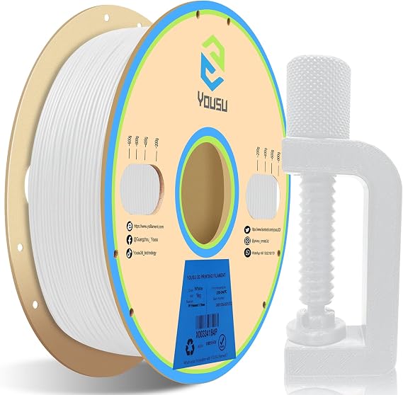 YOUSU Polypropylene PP Filament 1.75 mm (± 0.03) for 3D Printer Included Build Sheet, Semi-Flexible Ultra Tough Filament, White, 1 kg (2.2 lbs)