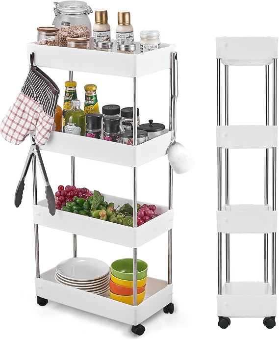 Kitchen Trolley on Wheels 4-Tier, Narrow Utility Cart Vegetable Rack Bathroom Trolley, Space-Saving Storage Office, Kitchen, Bathroom, 40 x 22 86 cm, White (8069W)
