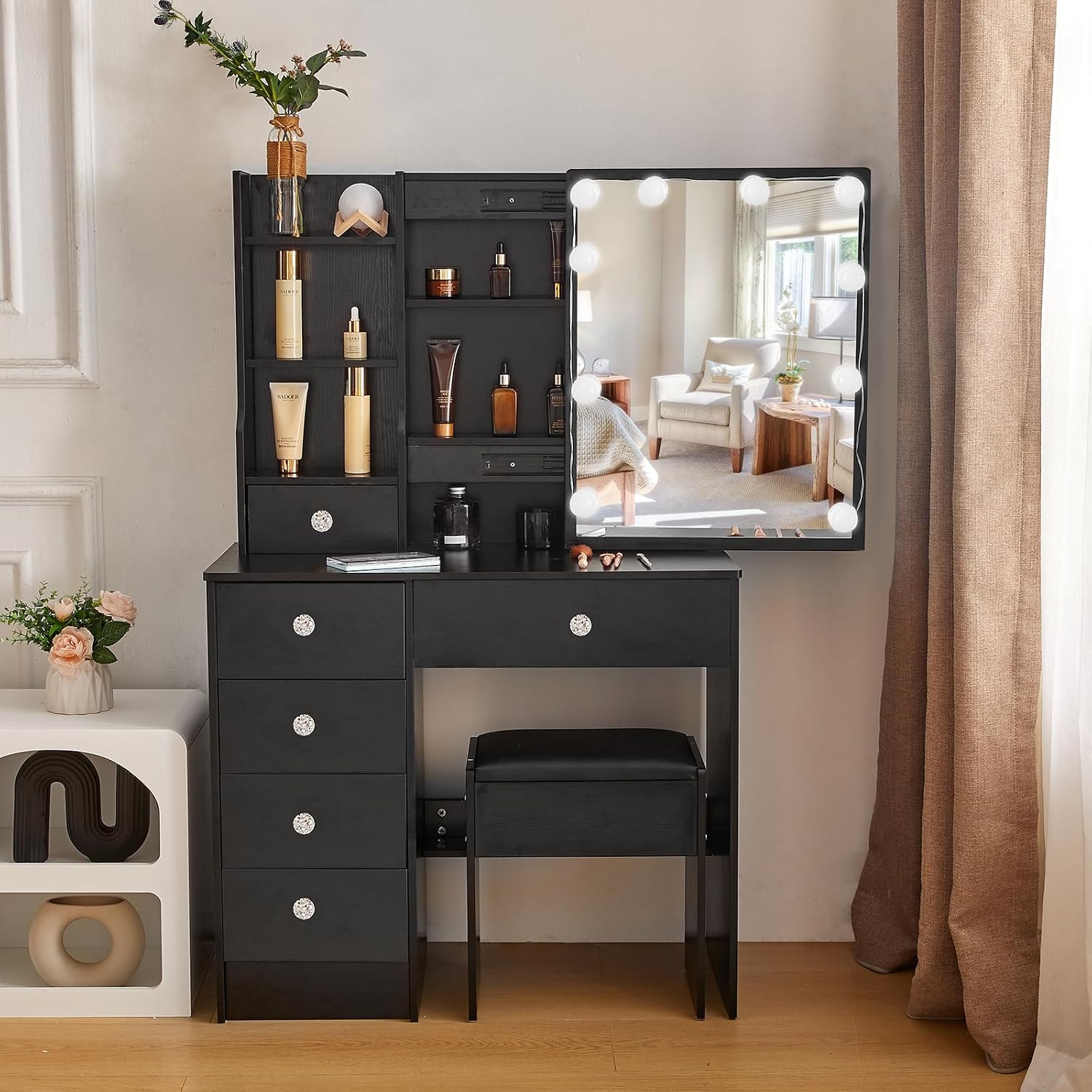 Dressing Table with Mirror and Stool, Vanity Desk with Lights, Adjustable Brightness and 3 Color Temperatures, Vanity Table for Bedroom, Black, S3330241223