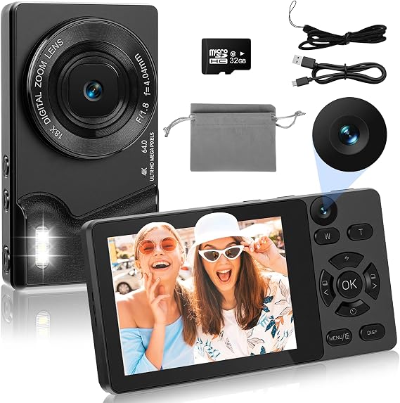 4K 64MP Digitalkamera mit Dual-Kameras Vorne und Hinten Autofokus Kamera Fotokamera Kompakte Vlogging Kamera 28 Zoll Bildschirm 18X Digitalzoom 32G Karte für Kinder Jugendliche (Schwarz)
