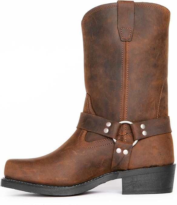 DJFOG Men's Square Toe Harness Motorcycle Boots, Men Pull on Ankle Boots Square Toe Side Zip Western Boots