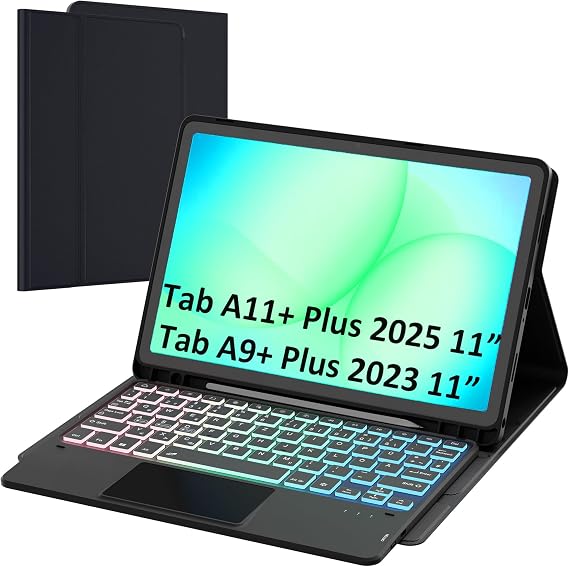 Case for Samsung Tab A11+ Plus/A9+ Plus 11 Inch with Keyboard: Galaxy A11 Plus Tablet Keyboard with Touchpad & 3-Zozen-7-Colour Lighting - German QWERTZ Layout Keyboard Case with Pen Holder