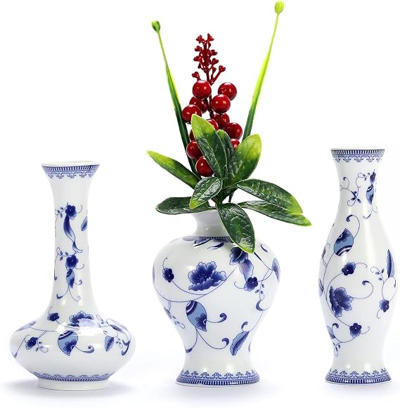 Fambe Classic Porcelain Vases Set of 3 - Blue & White, Small Ceramic Vases for Home Office, Bookshelf, Tabletop, Cupboard Decor