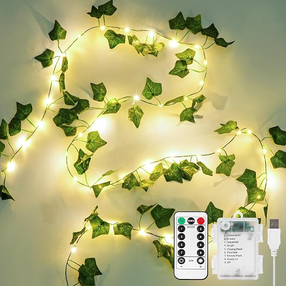 KASZOO 10M 100 LED Vines with Fairy Lights - Ivy Fairy Lights with Remote, Fake Vines Battery/USB Operated, Artificial Ivy Garland for Home Kitchen Garden Office Wedding Wall Decor (Warm White) [Energy Class B]