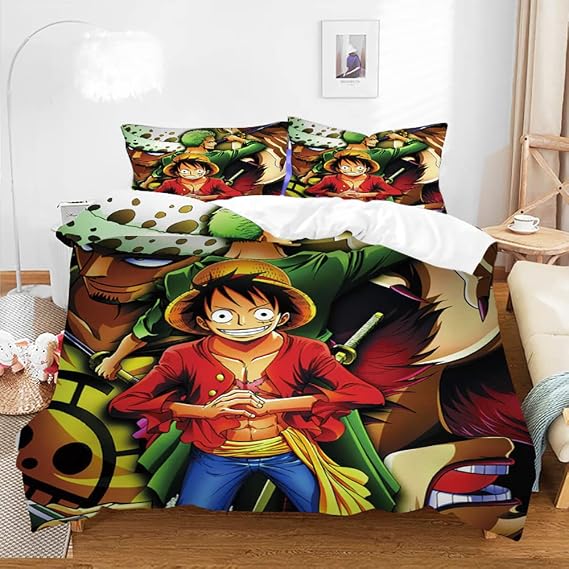 Bed Linen Cotton Bedding Set One Piece Luffy Zoro Nami, Half-linen Duvet Cover 135x200 and 2 Pillowcase 80x80 Cm with Oeko (220x230cm(King),OP 01)