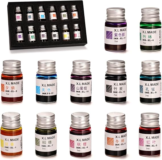 Drawing Inks,Calligraphy Inks, 12 Colorful Dip Pen Ink Set for Writing, Drawing, Great for Gift Giving.