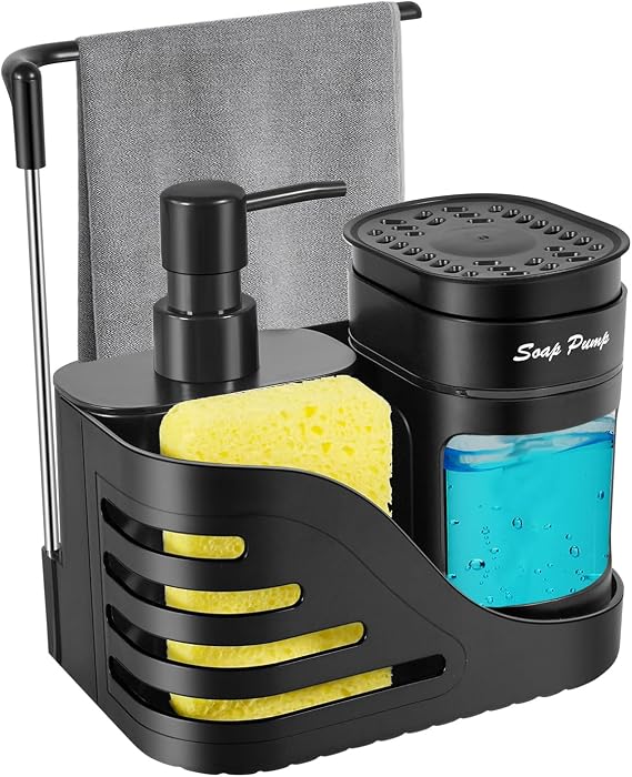 Dual Hand & Dish Soap Dispenser for Kitchen Sink, 4-in-1 Kitchen Sink Organizer with Sponge Holder, Dishcloth Rail, Removable Dish Soap Dispenser, Non-Slip Pads, Black